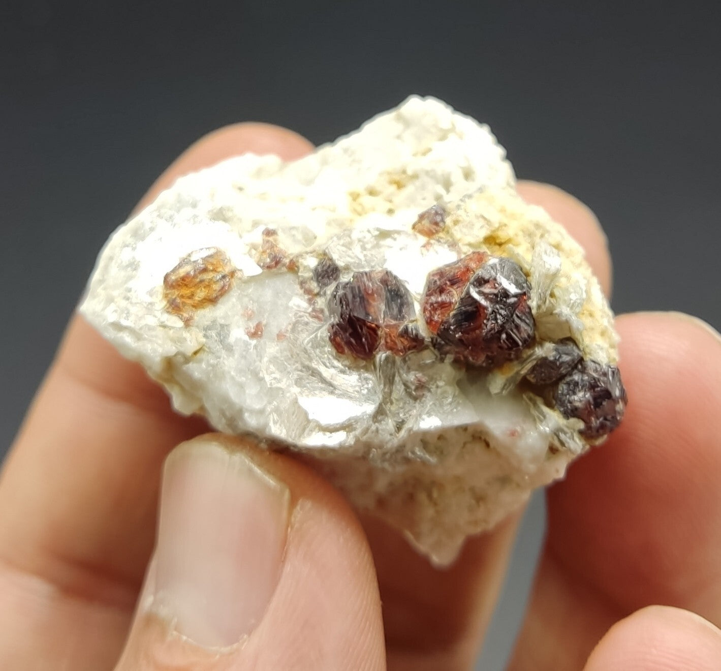 An aesthetic specimen of spessartine garnets on albite/feldspar 45 grams