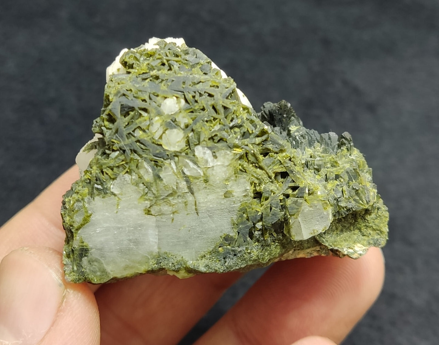An aesthetic specimen of Epidote quartz cluster 73 grams