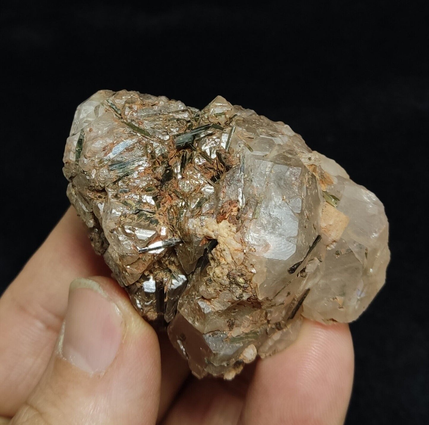 An Aesthetic terminated Quartz floater with aegirine inclusions 98 grams