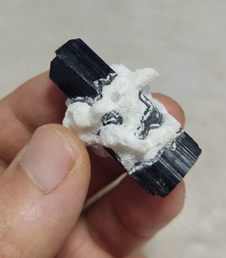 Double Terminated Black Tourmaline Crystal with Albite Feldspar 24 grams