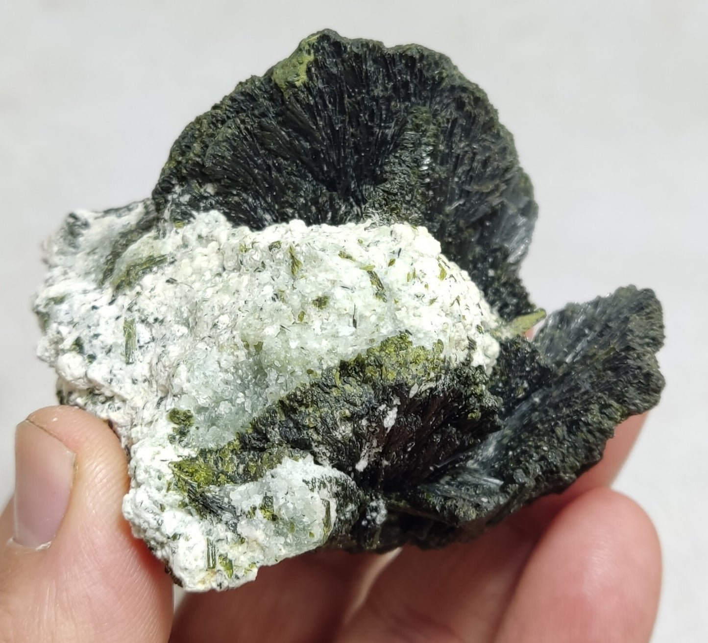 An aesthetic specimen of epidote crystal spray type on matrix 182 grams