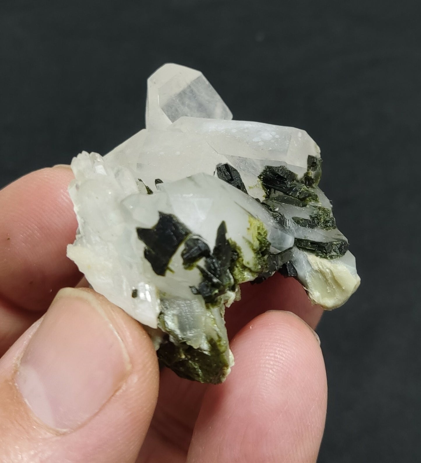 An aesthetic specimen of Epidote quartz cluster 44 grams