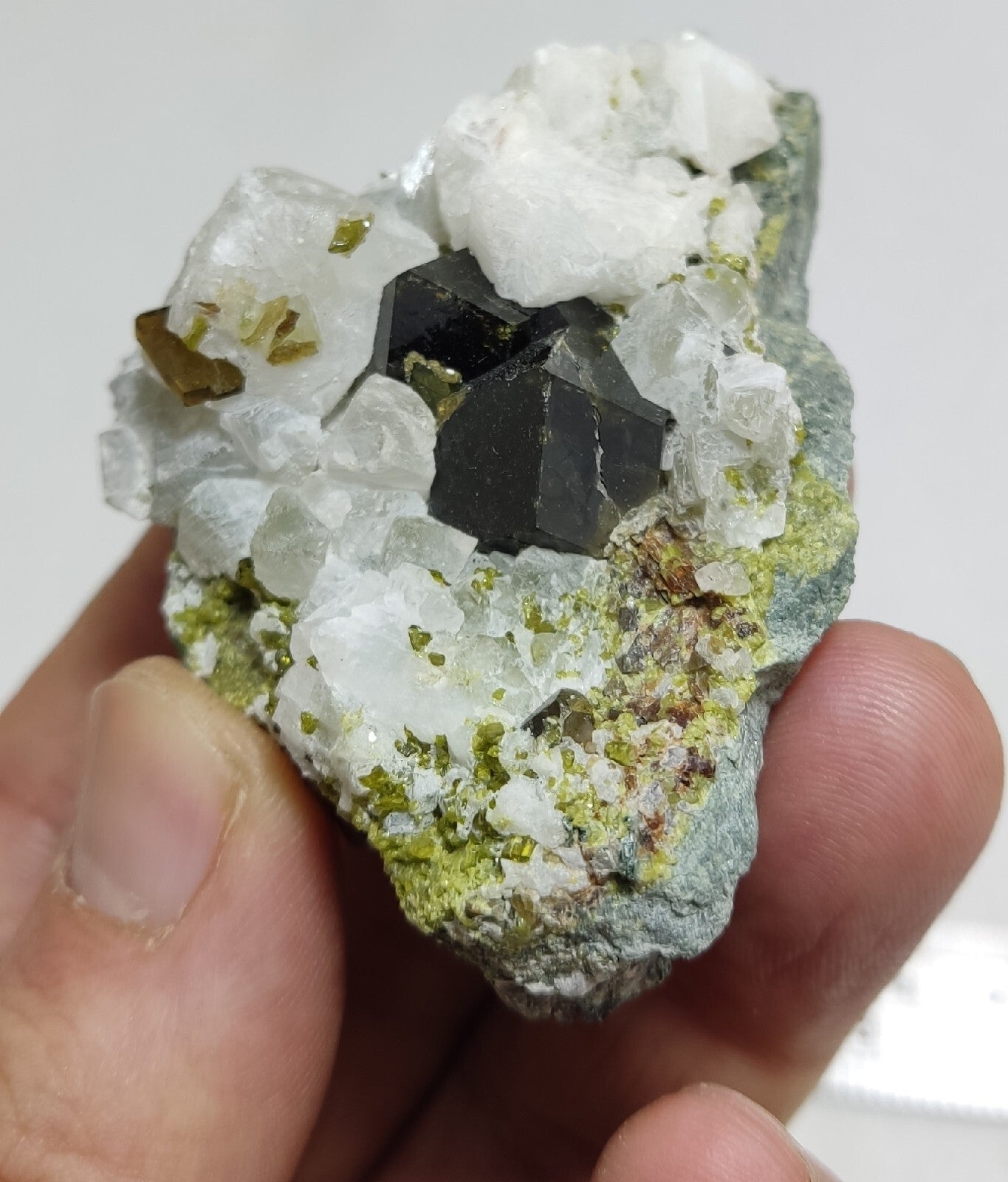 Andradite garnets on matrix with epidote and calcite 91 grams