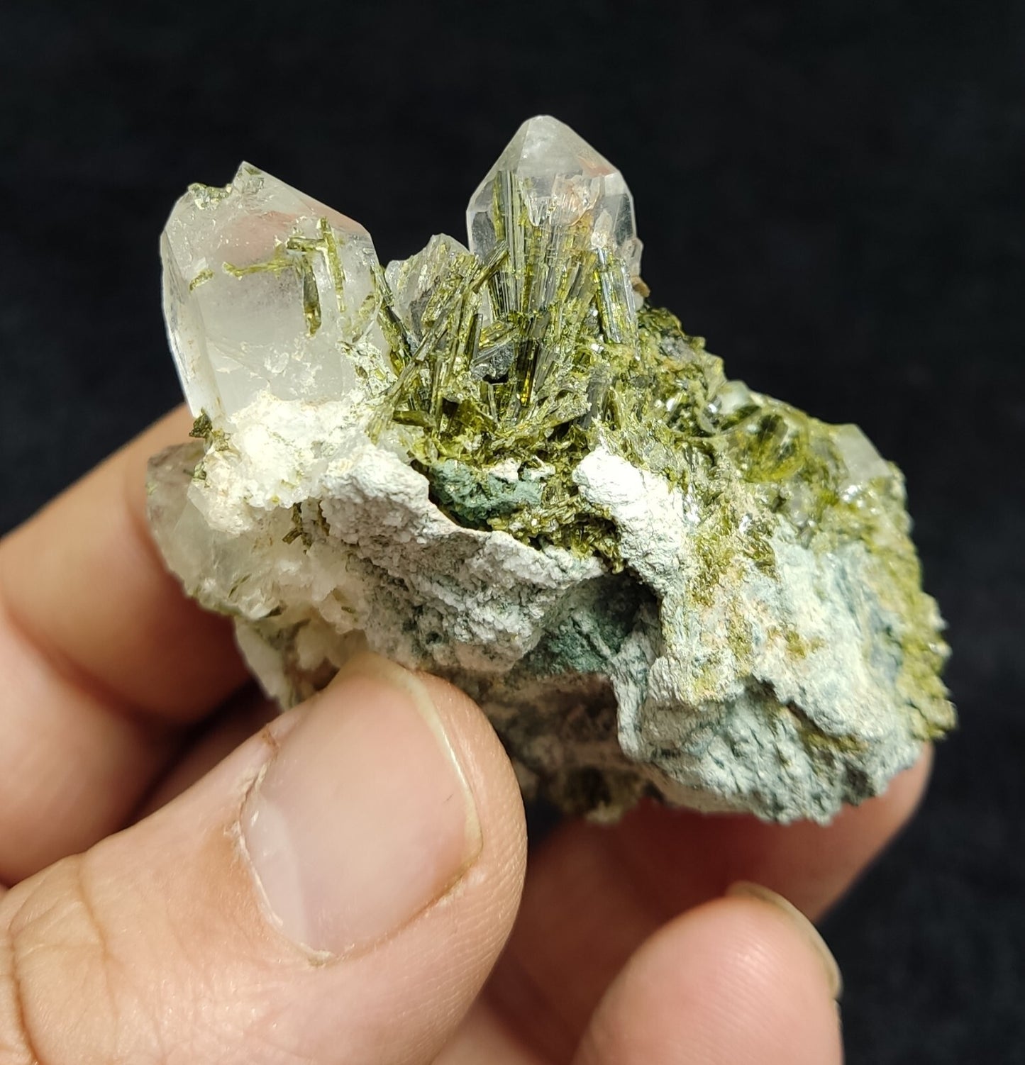 An aesthetic specimen of Epidote quartz cluster 54 grams