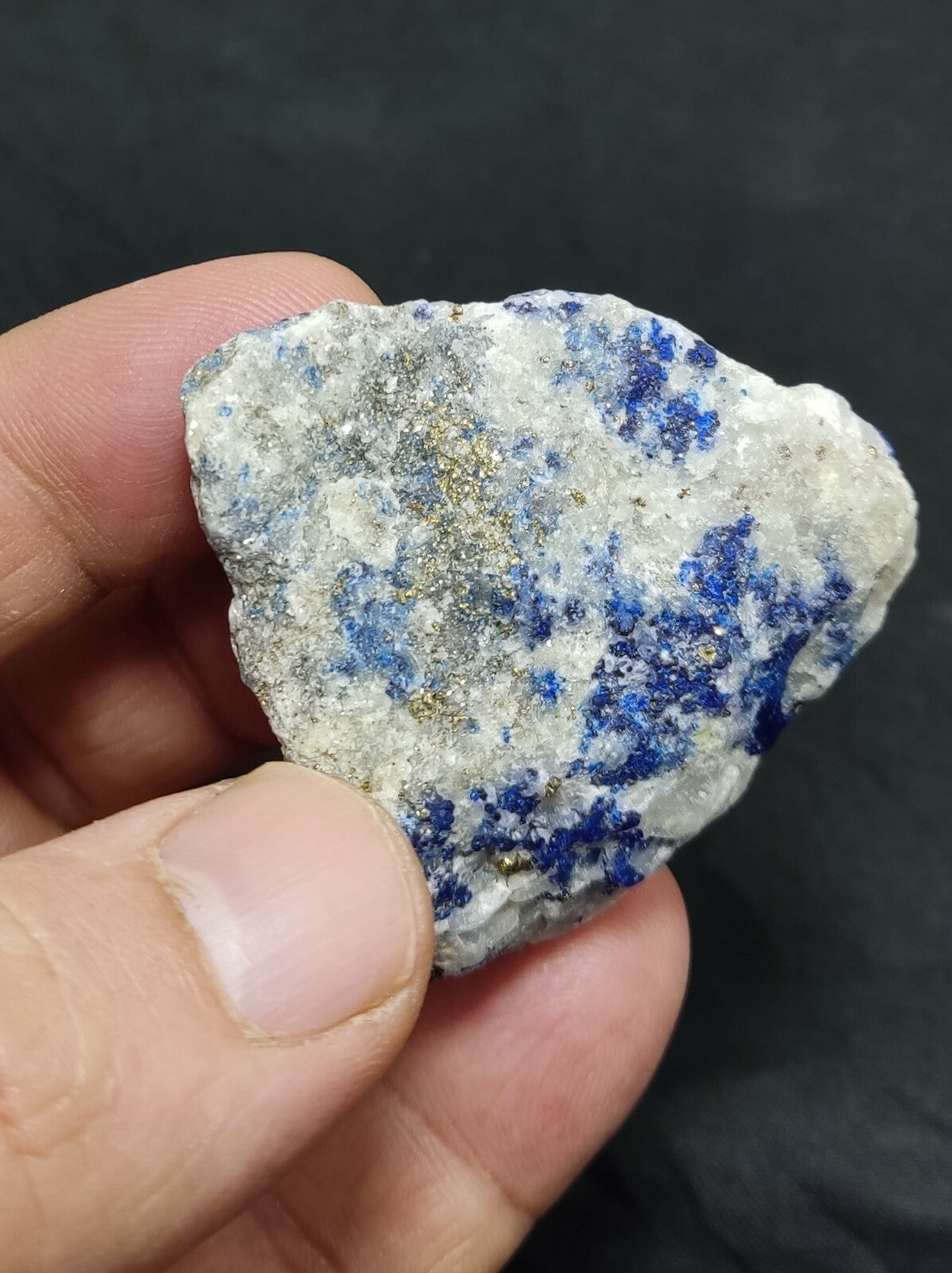 Amazing specimen of fluorescent Lazurite with pyrite on matrix 55 grams