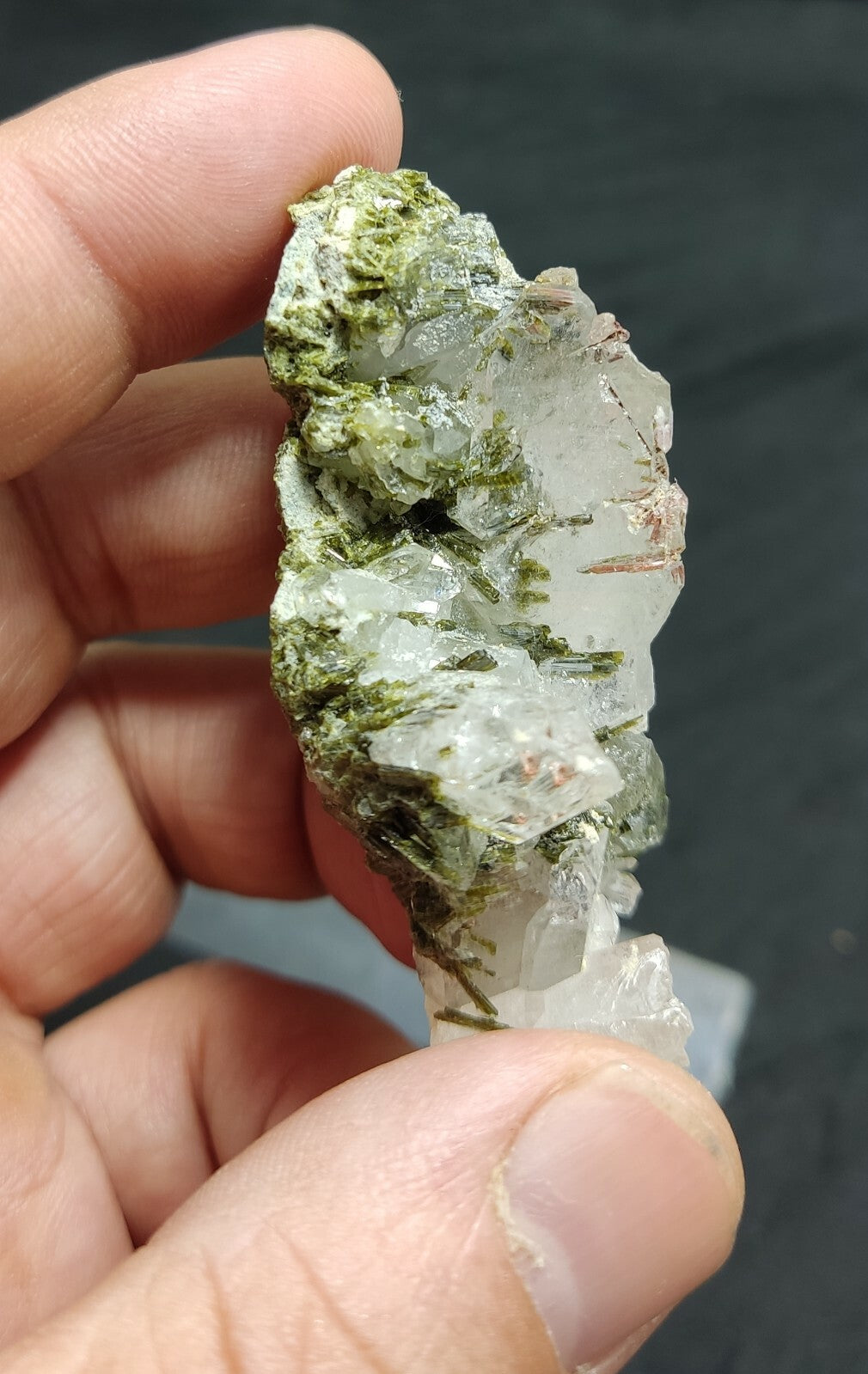 An aesthetic specimen of Epidote quartz cluster 36 grams