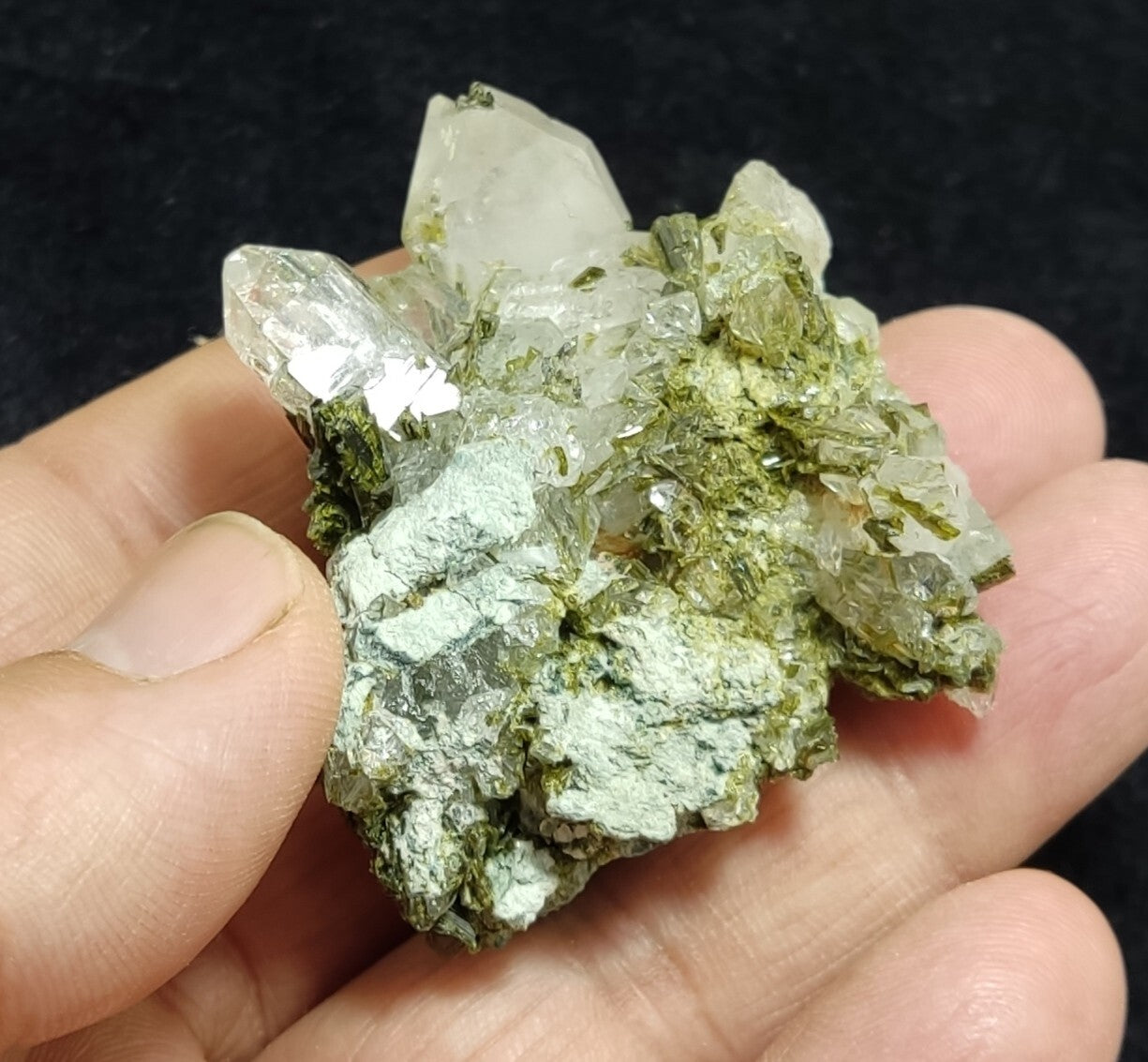 An aesthetic specimen of Epidote quartz cluster 54 grams
