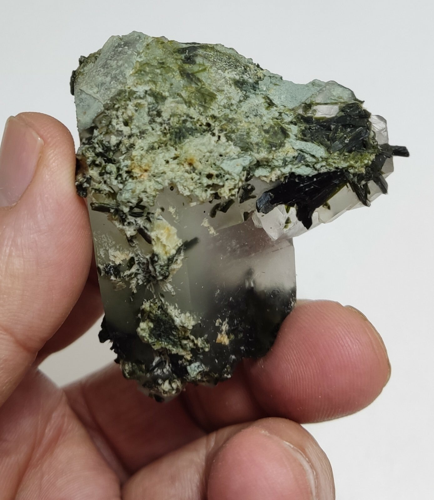 An aesthetic specimen of Epidote quartz cluster 86 grams