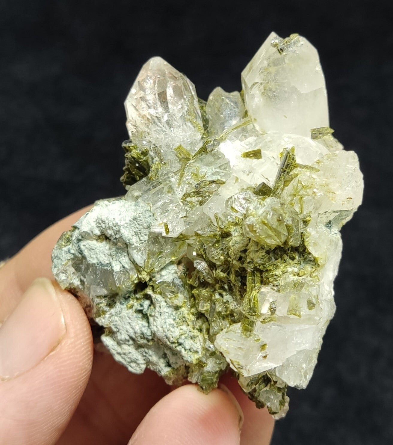 An aesthetic specimen of Epidote quartz cluster 54 grams
