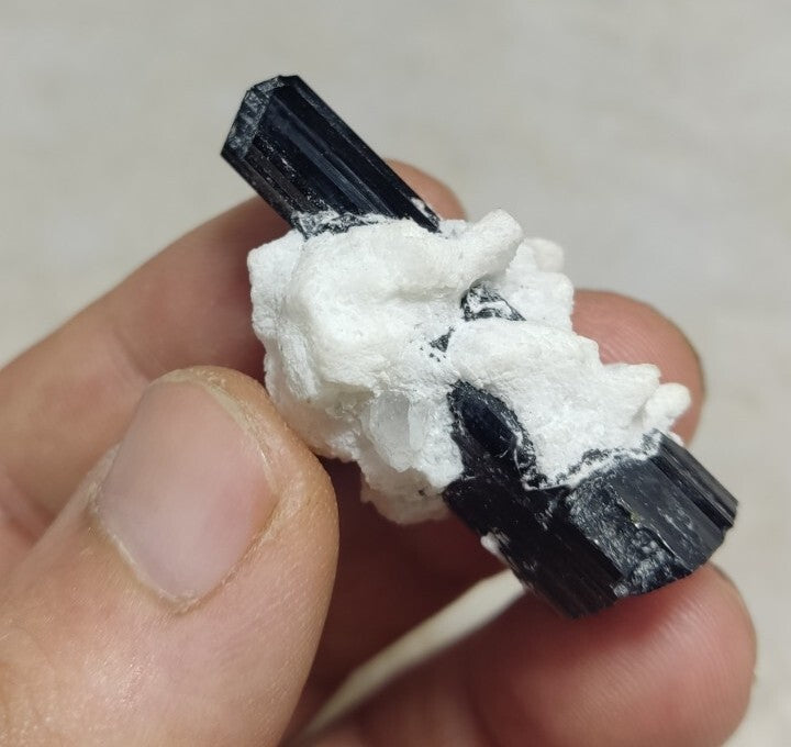 Double Terminated Black Tourmaline Crystal with Albite Feldspar 24 grams