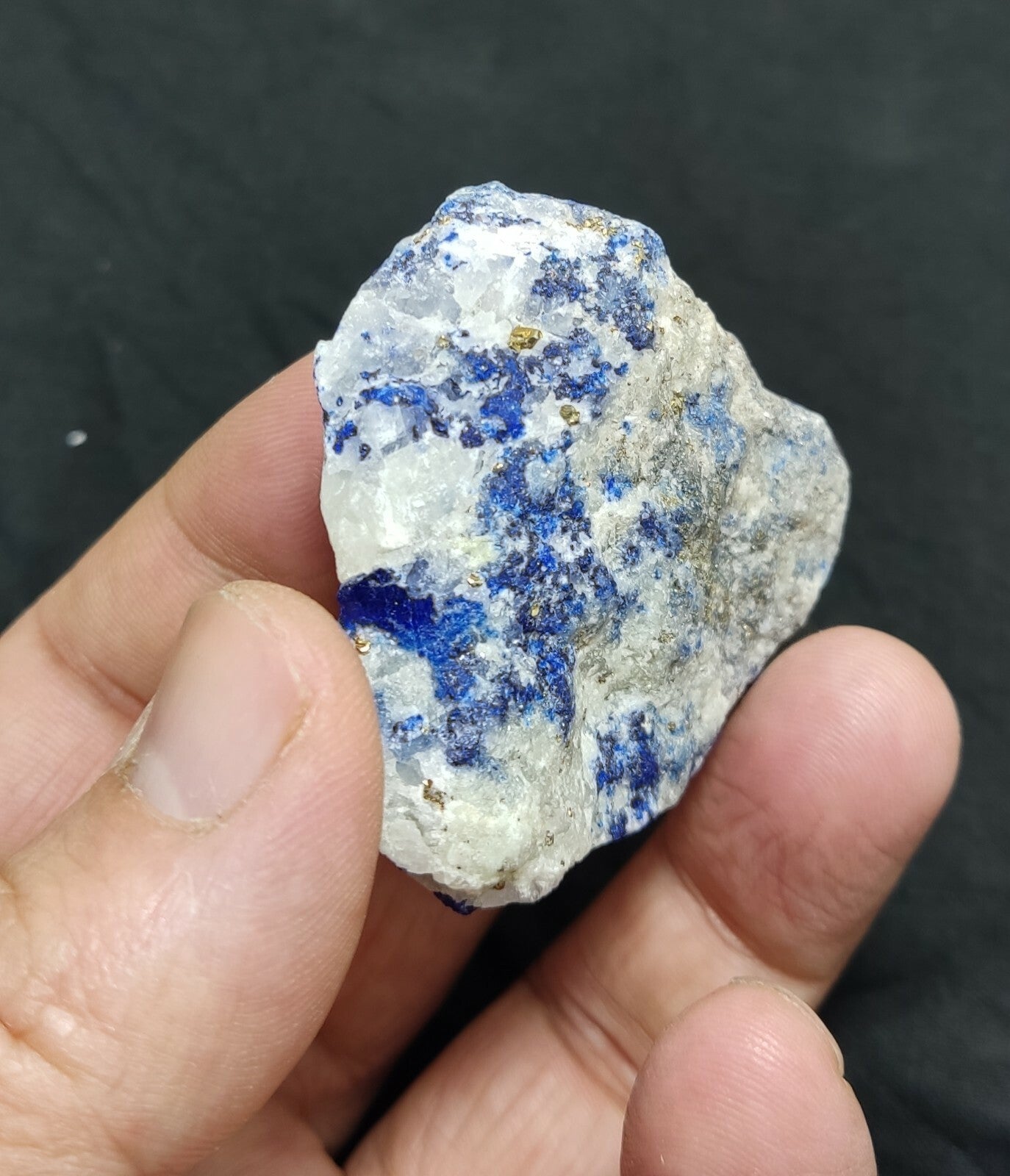 Amazing specimen of fluorescent Lazurite with pyrite on matrix 55 grams