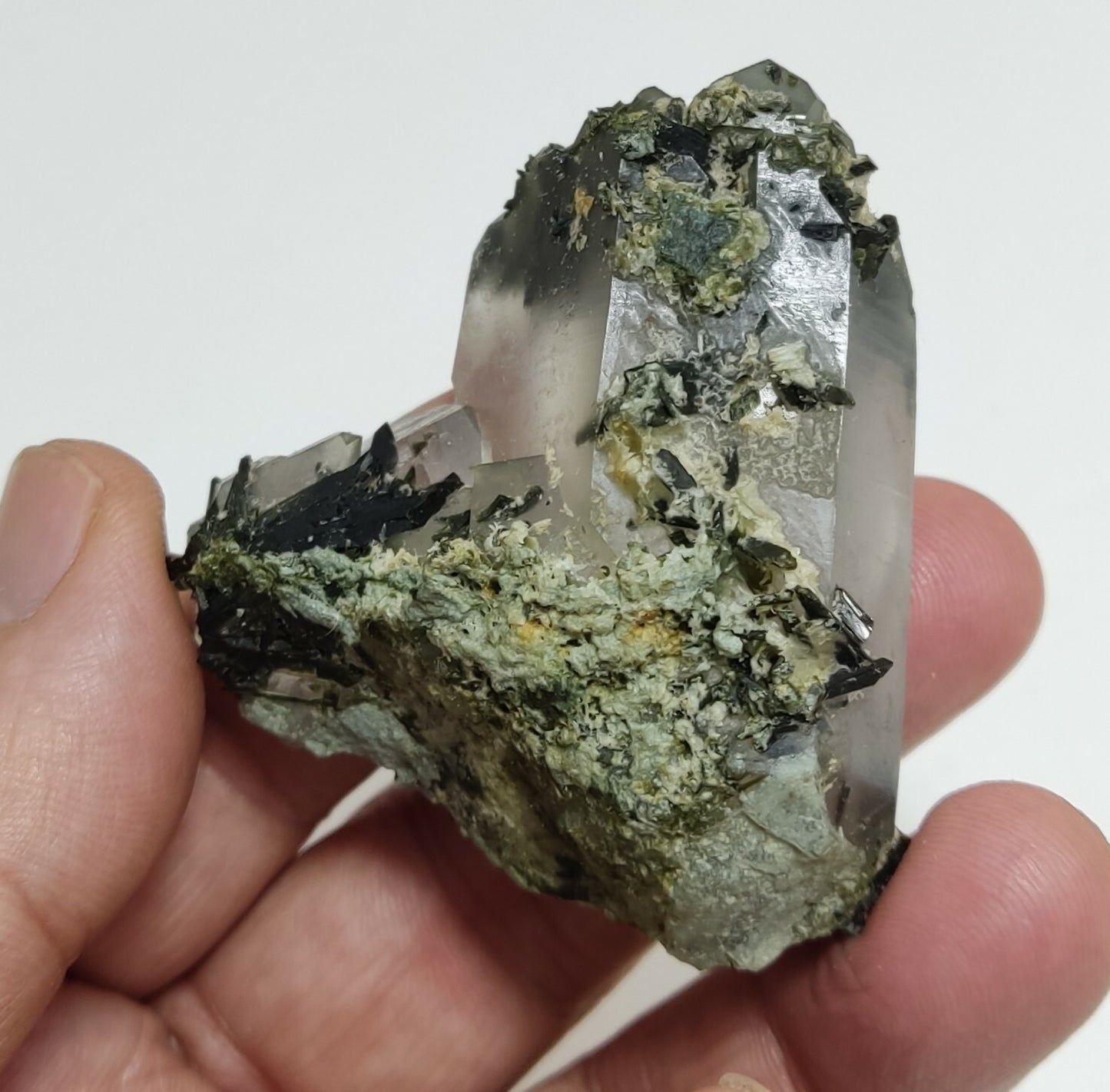 An aesthetic specimen of Epidote quartz cluster 86 grams