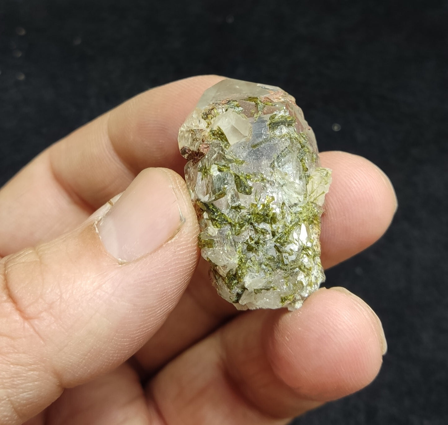 An aesthetic specimen of Epidote quartz cluster 22 grams