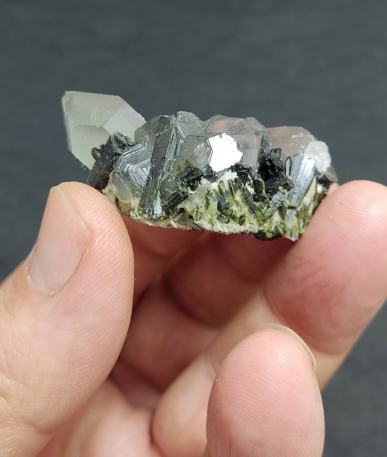 An aesthetic specimen of Epidote quartz cluster 36 grams