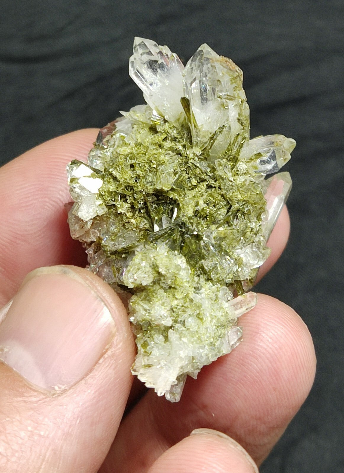 An aesthetic specimen of Epidote quartz cluster 22 grams