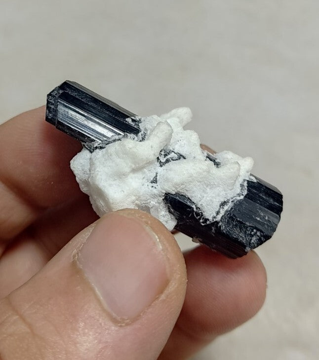 Double Terminated Black Tourmaline Crystal with Albite Feldspar 24 grams
