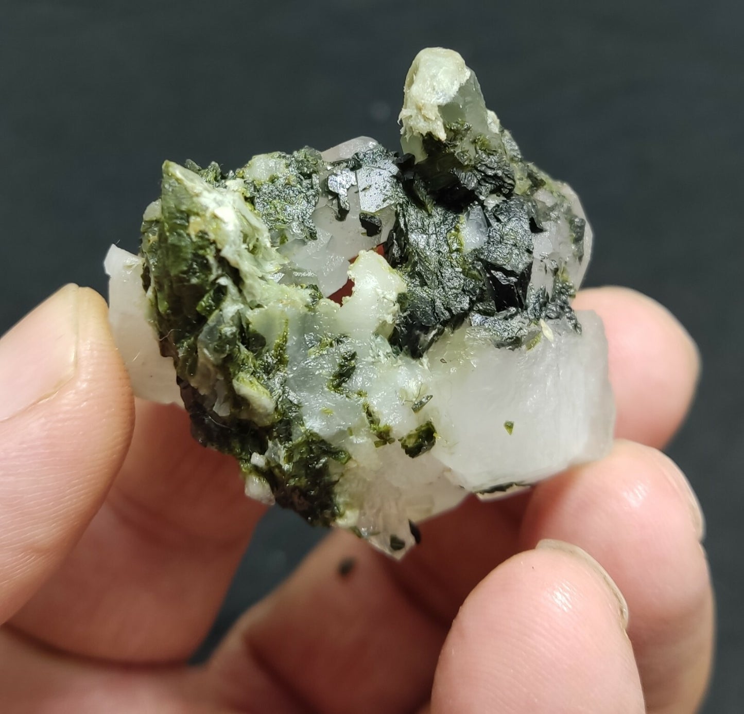 An aesthetic specimen of Epidote quartz cluster 44 grams
