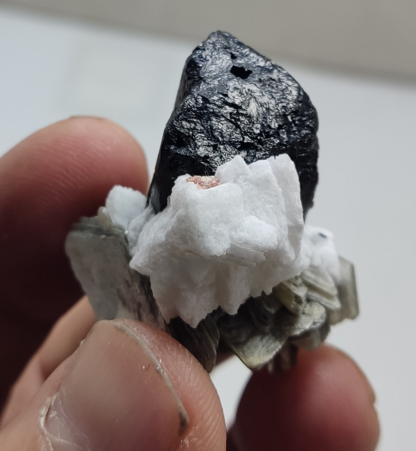 An Aesthetic specimen of muscovite with Tourmaline and albite 26 grams