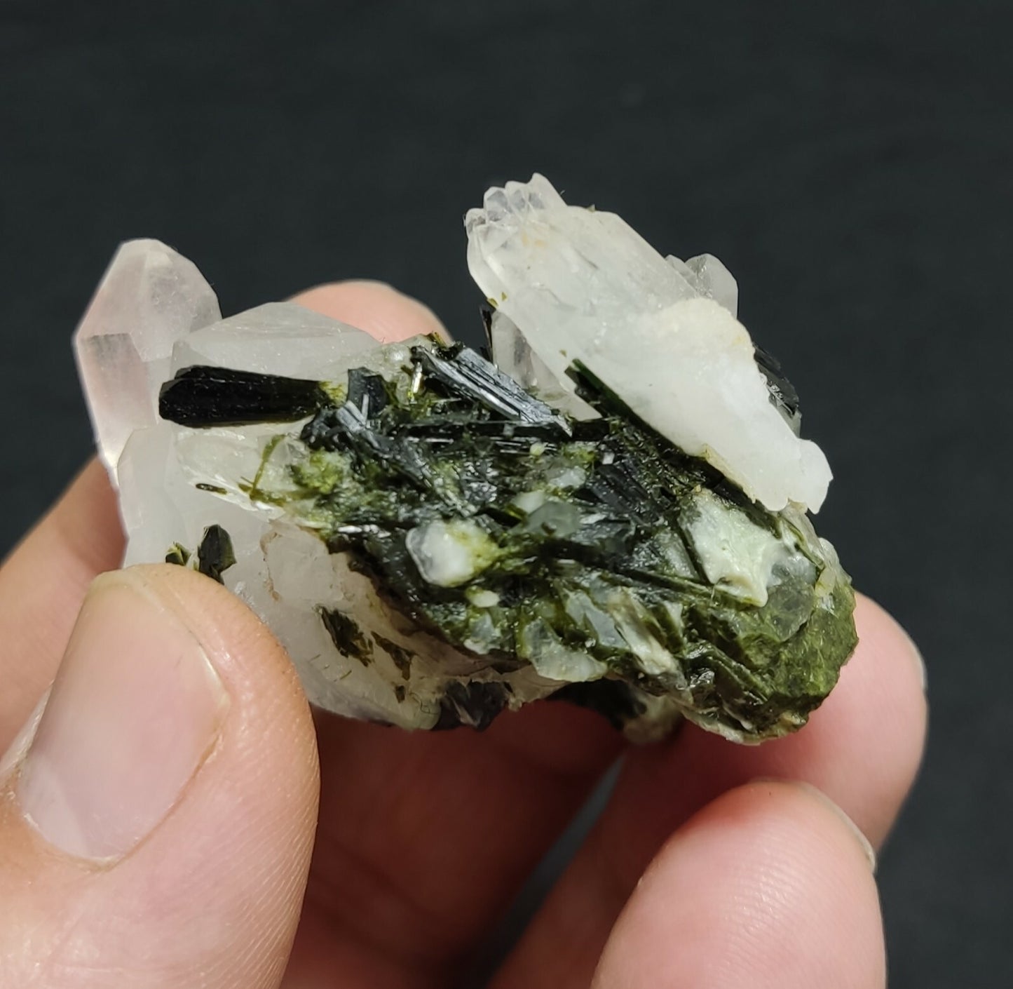 An aesthetic specimen of Epidote quartz cluster 44 grams
