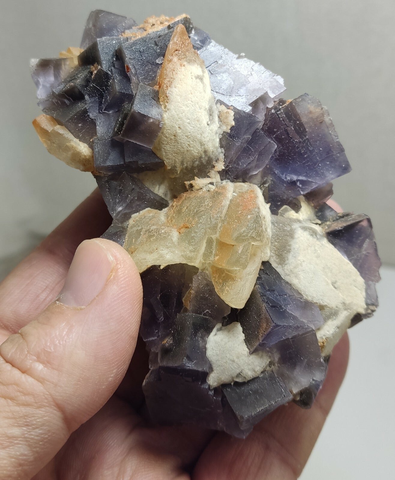 An amazing specimen of cubic purplish color Fluorite with calcite 263 grams