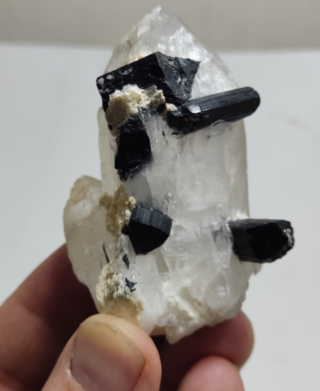 Natural quartz crystal with black tourmaline 118 grams