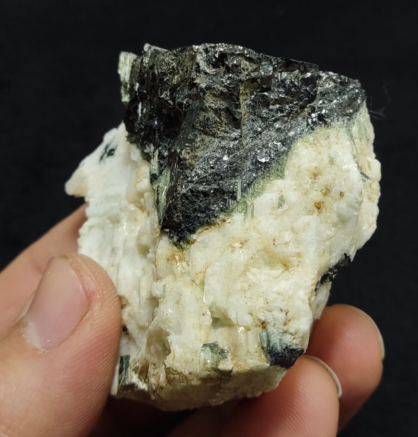 An Aesthetic specimen of black/green Tourmaline on matrix with Albite 169 grams