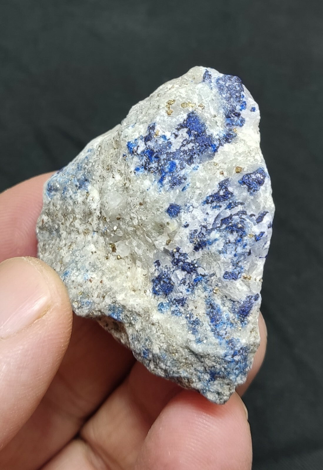 Amazing specimen of fluorescent Lazurite with pyrite on matrix 55 grams