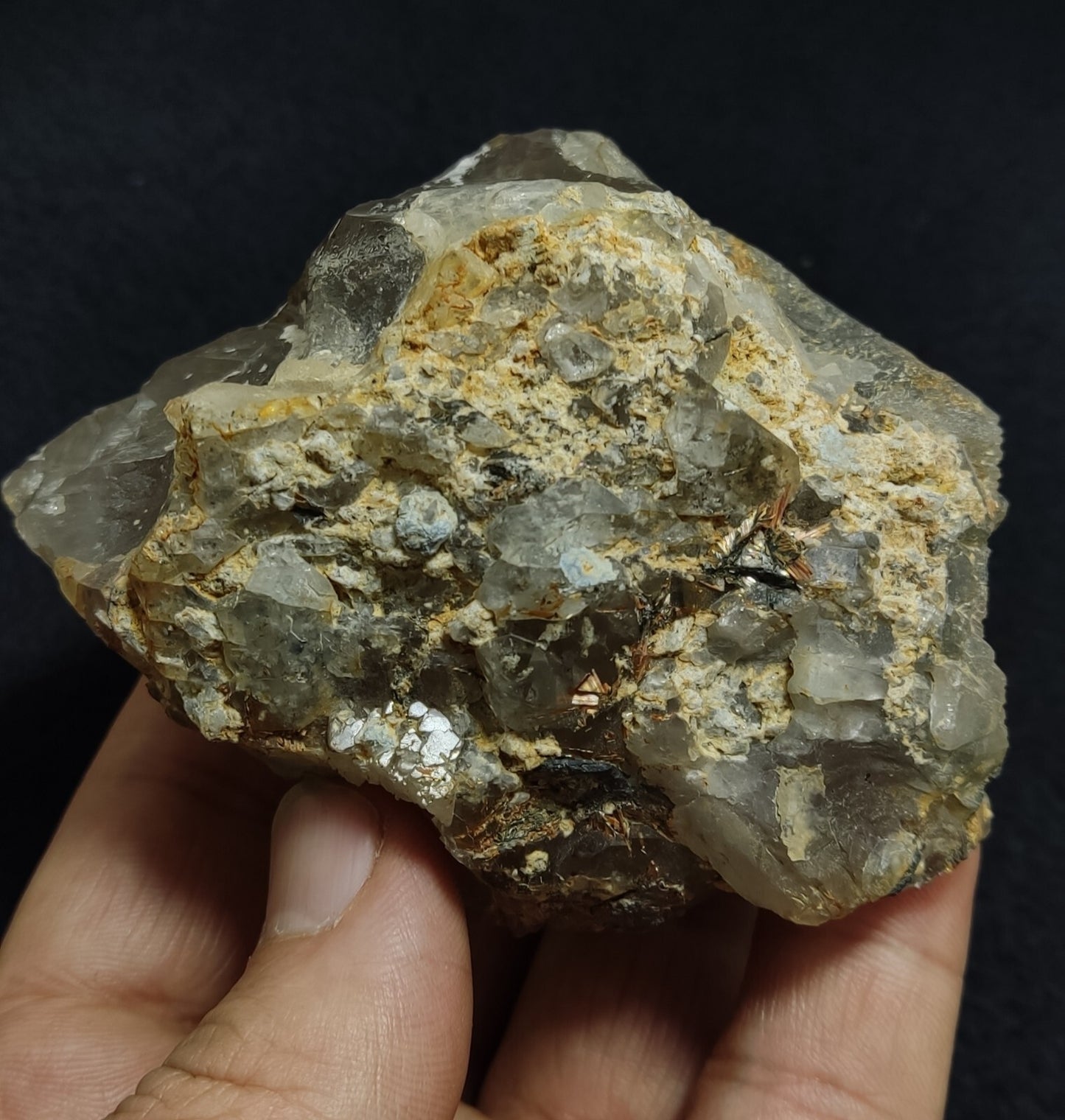 An Aesthetic terminated Quartz floater with rutiles and hematite 399 grams