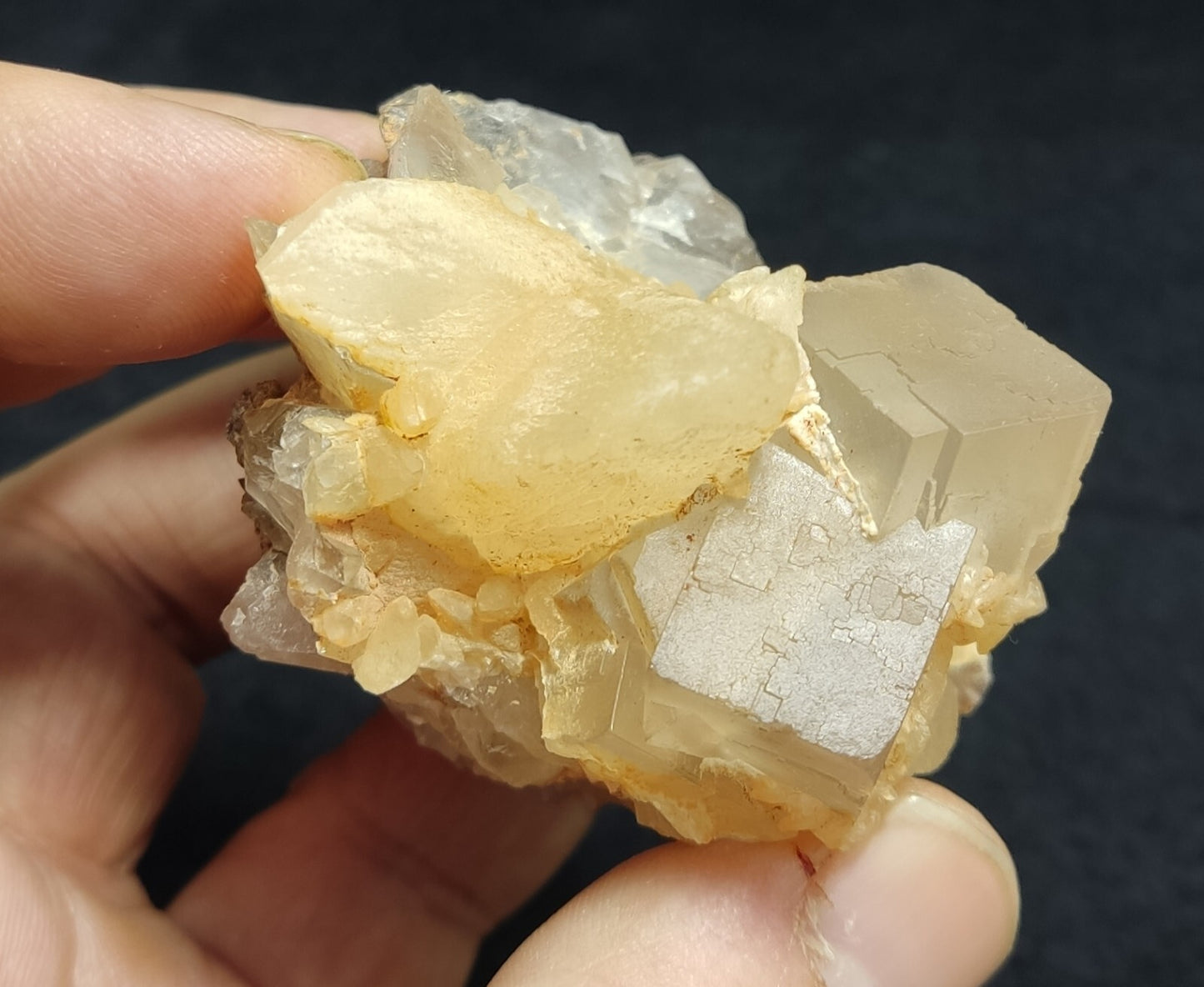 An amazing specimen of cubic grey color Fluorite with Calcite 146 grams