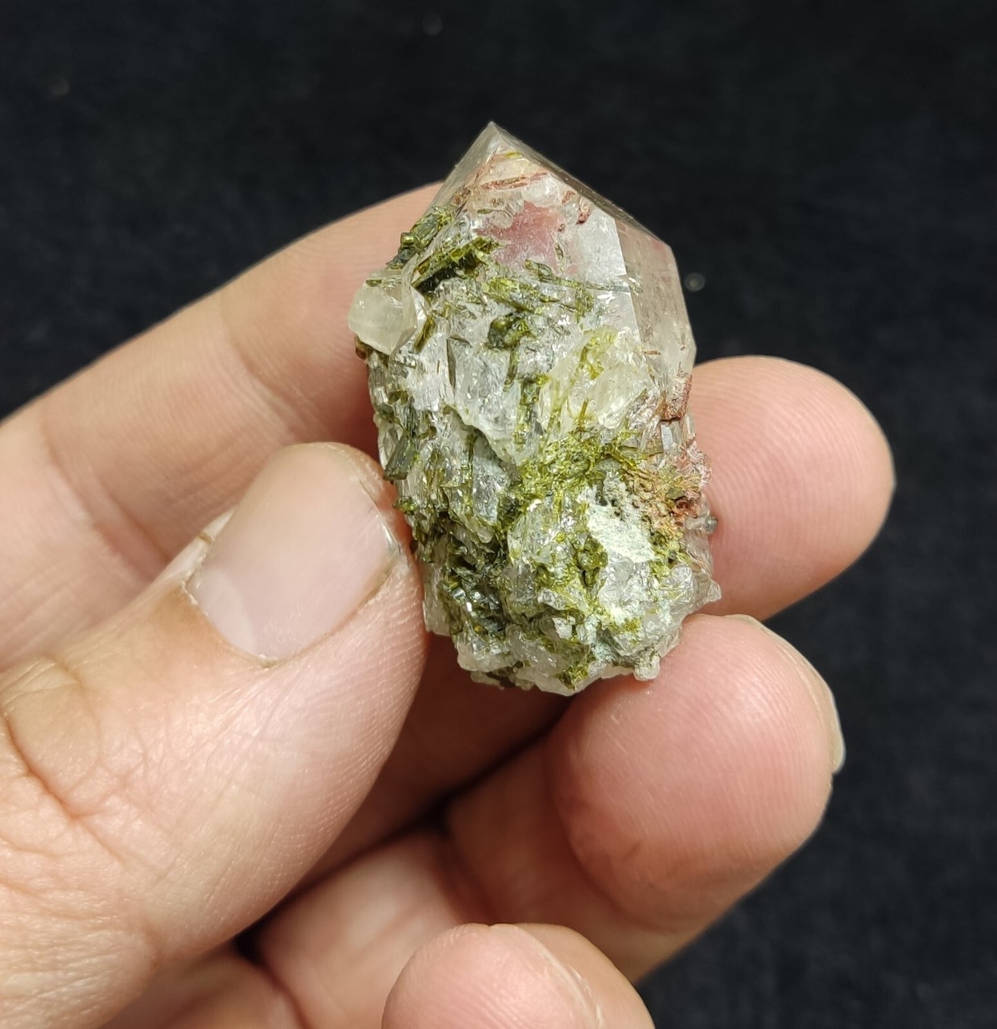 An aesthetic specimen of Epidote quartz cluster 22 grams