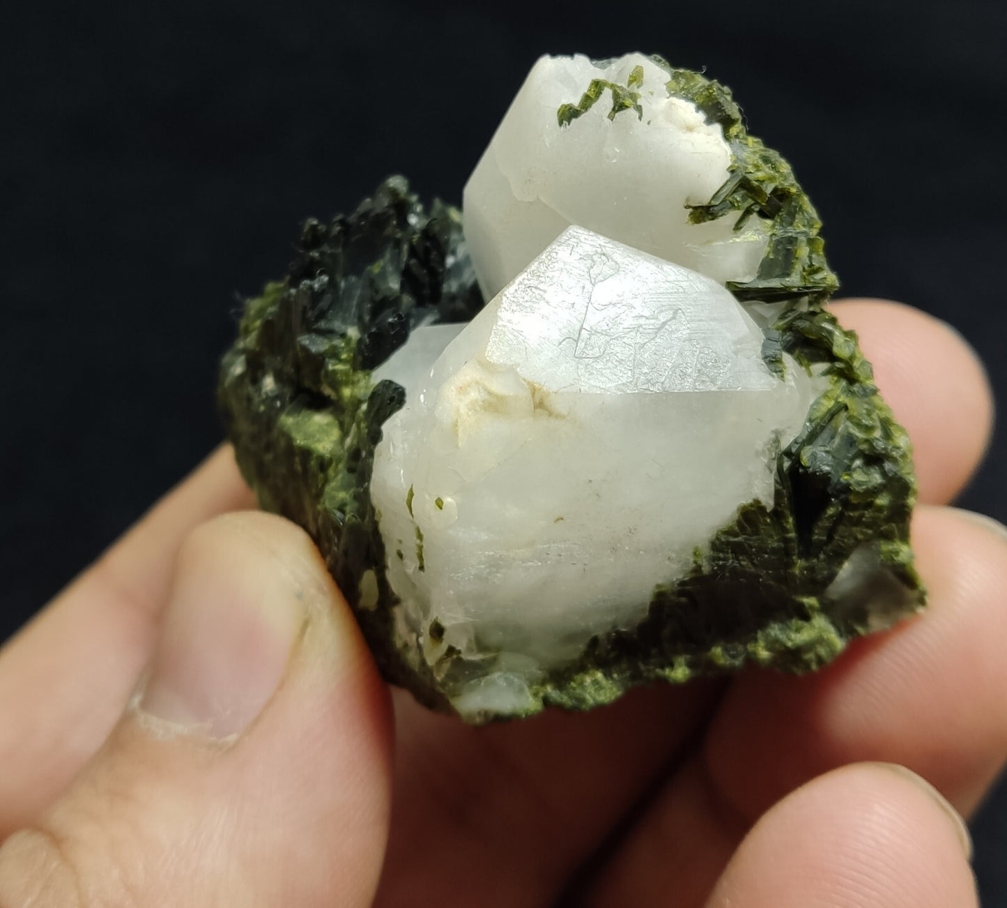 An aesthetic specimen of Epidote quartz cluster 73 grams