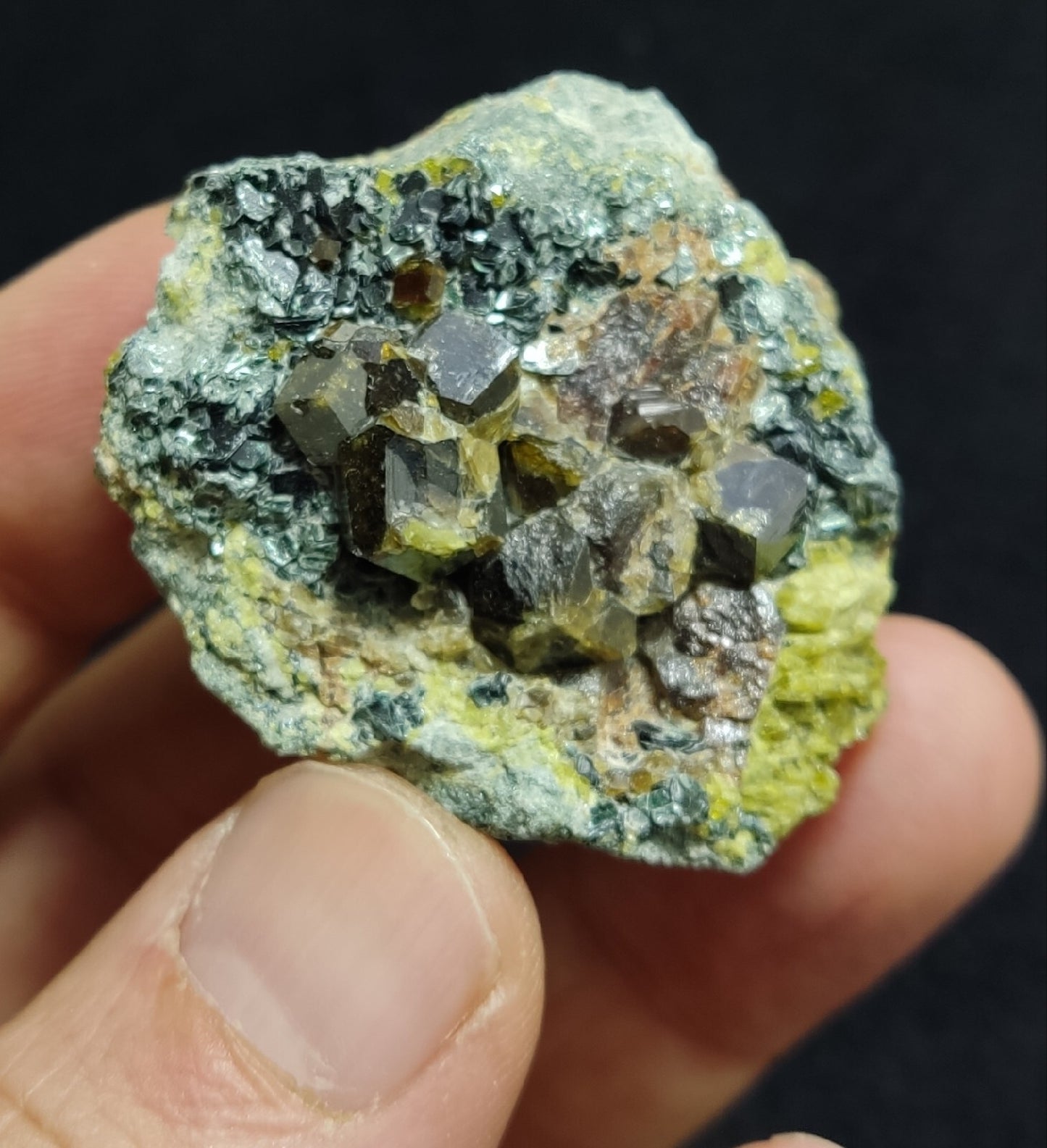 Andradite garnets on matrix with epidote and clinochlore 56 grams