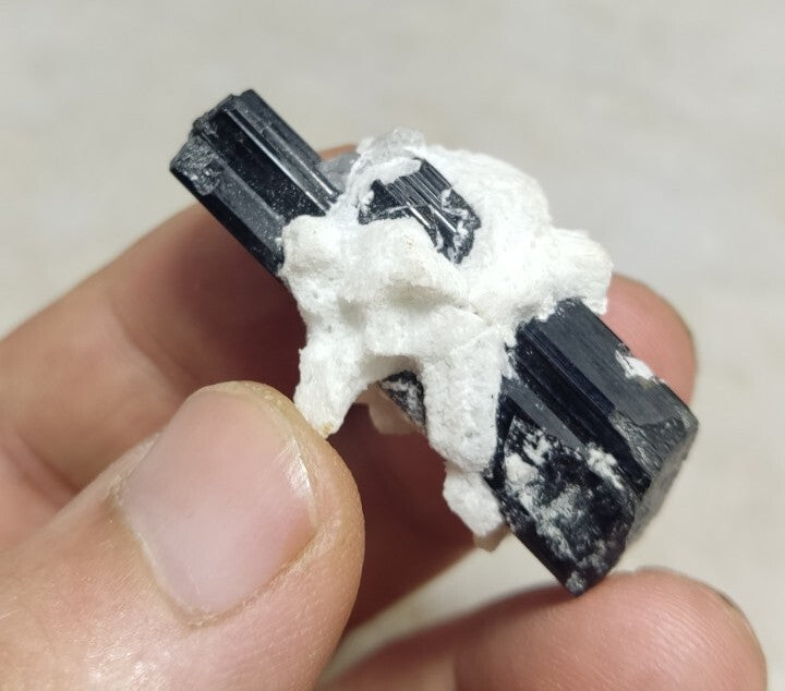 Double Terminated Black Tourmaline Crystal with Albite Feldspar 24 grams