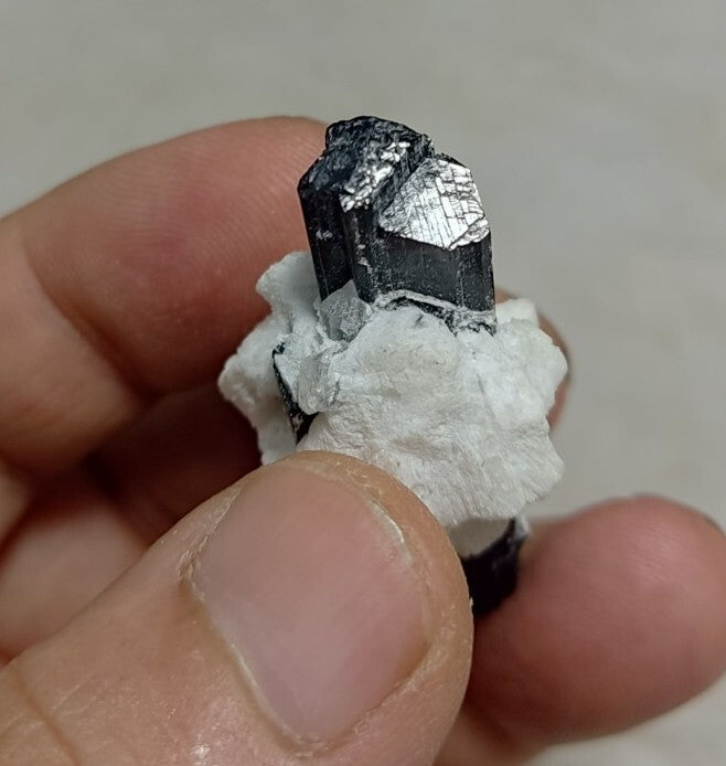 Double Terminated Black Tourmaline Crystal with Albite Feldspar 24 grams