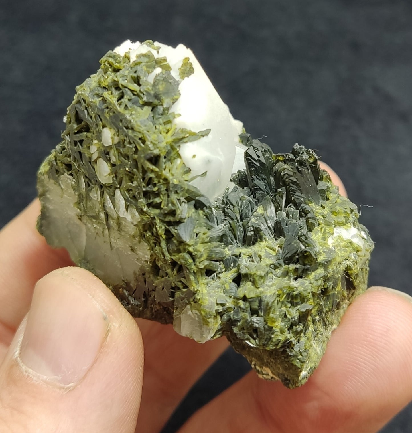 An aesthetic specimen of Epidote quartz cluster 73 grams