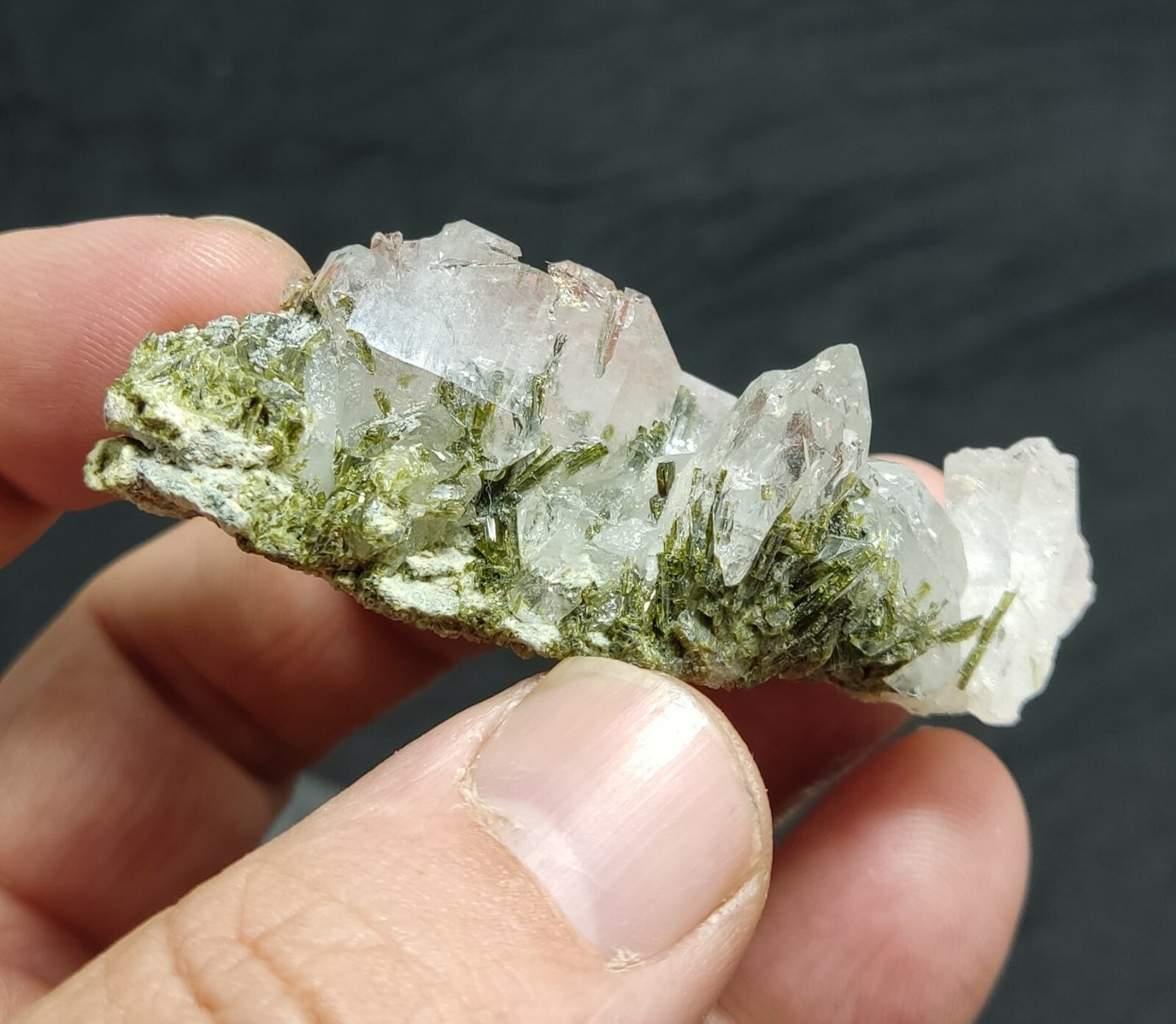 An aesthetic specimen of Epidote quartz cluster 36 grams