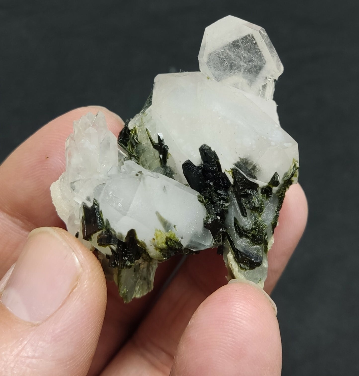 An aesthetic specimen of Epidote quartz cluster 44 grams