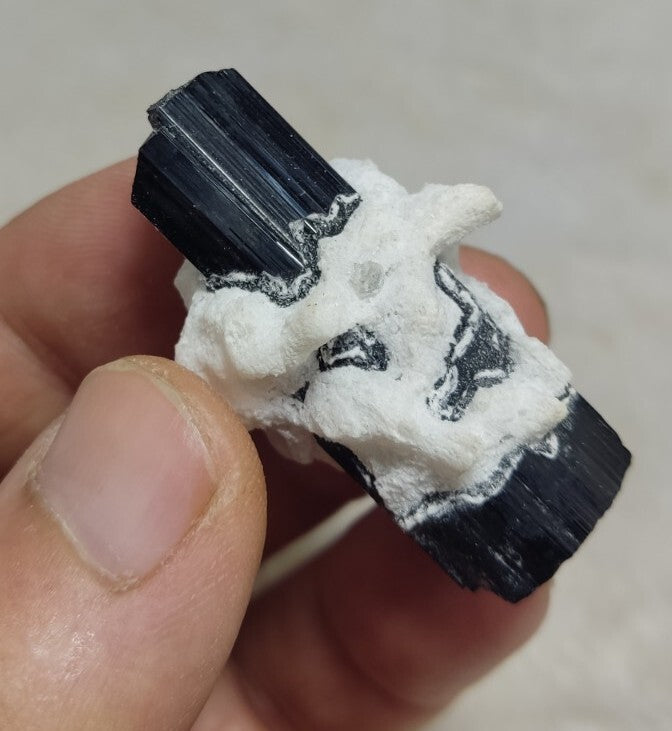 Double Terminated Black Tourmaline Crystal with Albite Feldspar 24 grams