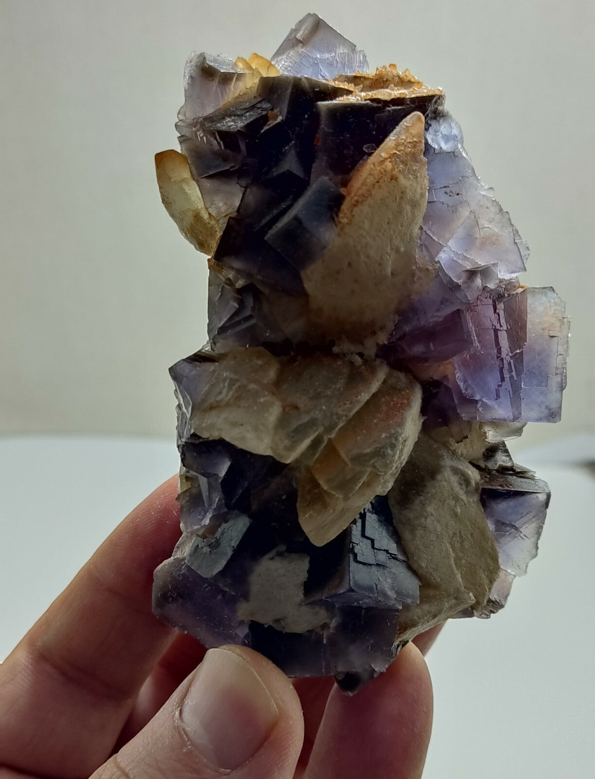 An amazing specimen of cubic purplish color Fluorite with calcite 263 grams