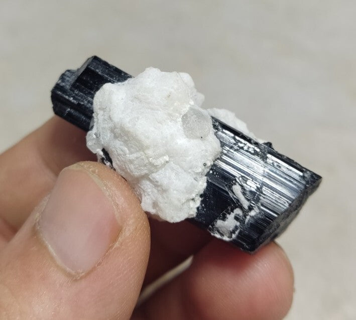 Double Terminated Black Tourmaline Crystal with Albite Feldspar 24 grams