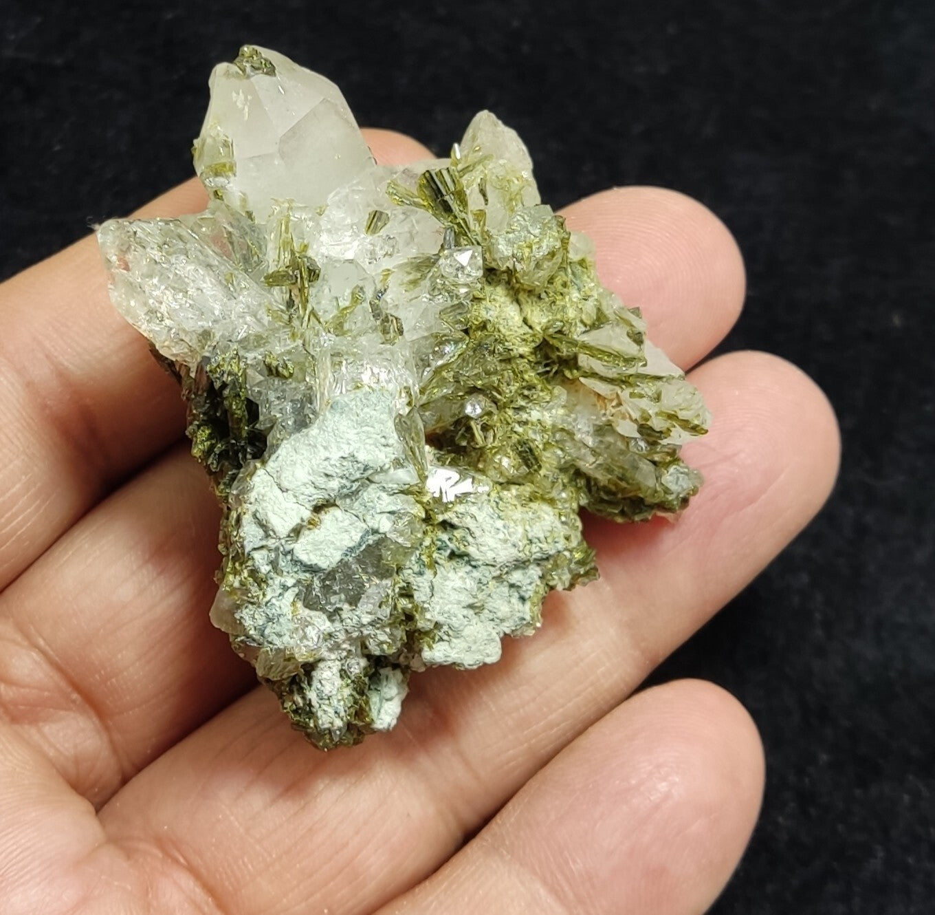 An aesthetic specimen of Epidote quartz cluster 54 grams