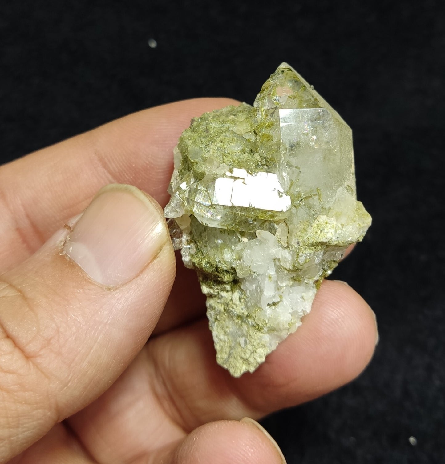 An aesthetic specimen of Epidote quartz cluster 27 grams