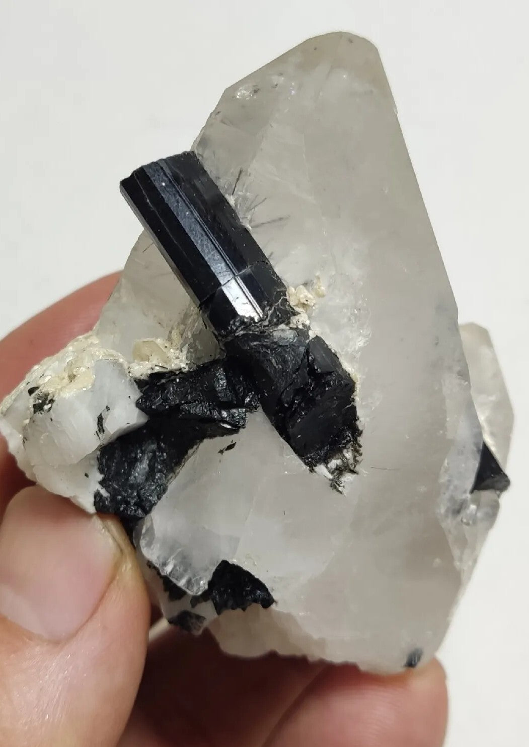 Natural quartz crystal with black tourmaline 129 grams