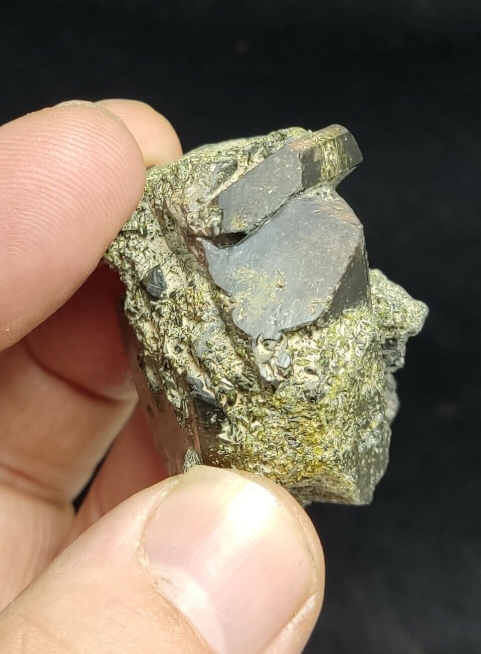 An aesthetic specimen of dark green color Epidote crystals 79 grams