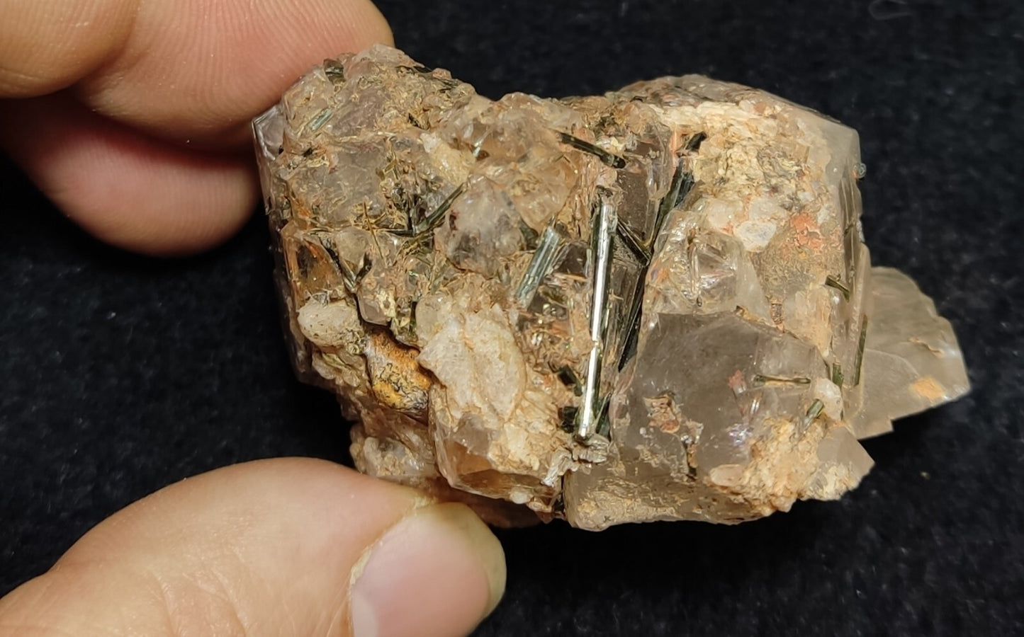 An Aesthetic terminated Quartz floater with aegirine inclusions 98 grams