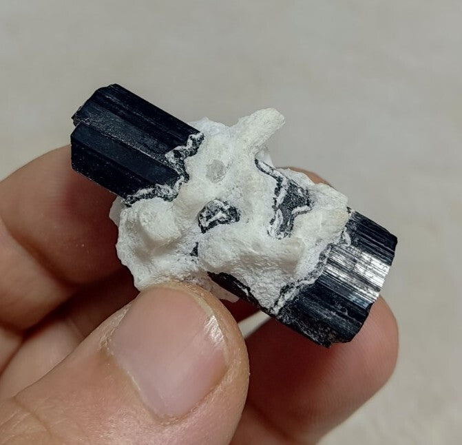 Double Terminated Black Tourmaline Crystal with Albite Feldspar 24 grams