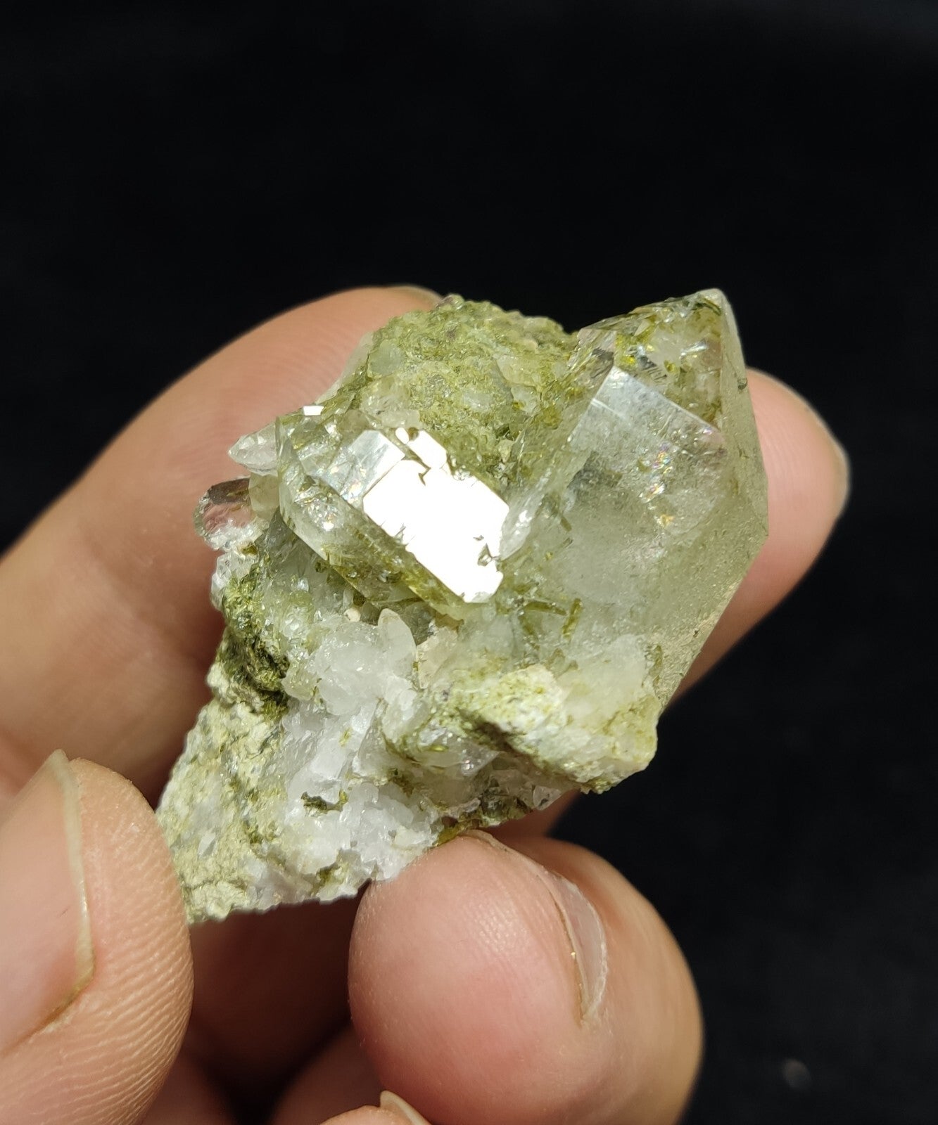 An aesthetic specimen of Epidote quartz cluster 27 grams