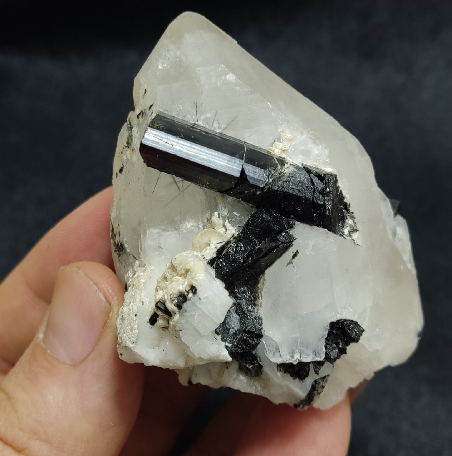 Natural quartz crystal with black tourmaline 129 grams