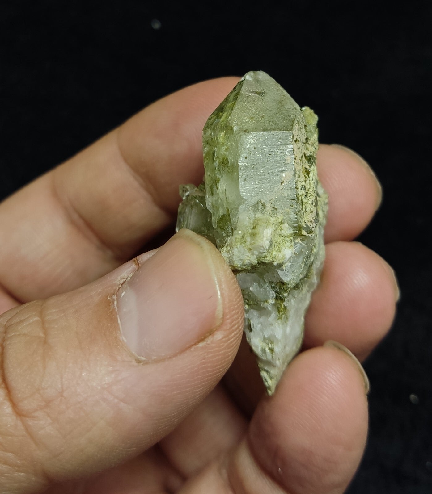 An aesthetic specimen of Epidote quartz cluster 27 grams