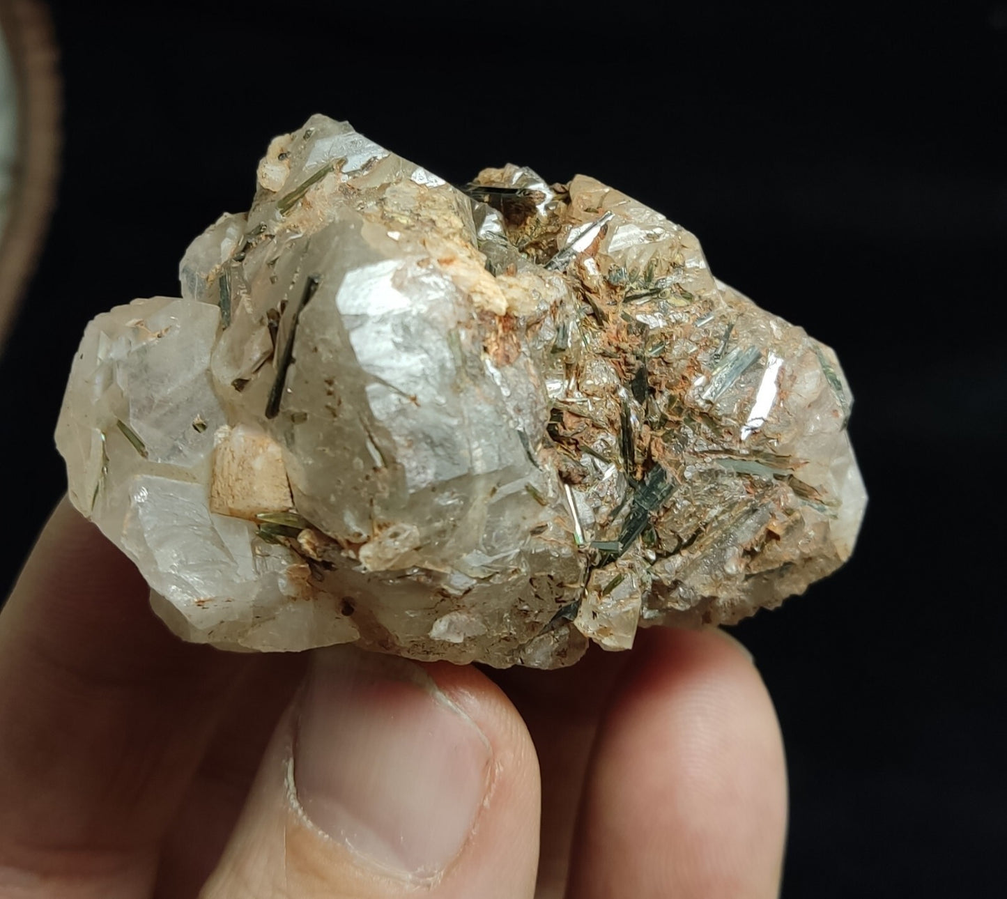 An Aesthetic terminated Quartz floater with aegirine inclusions 98 grams